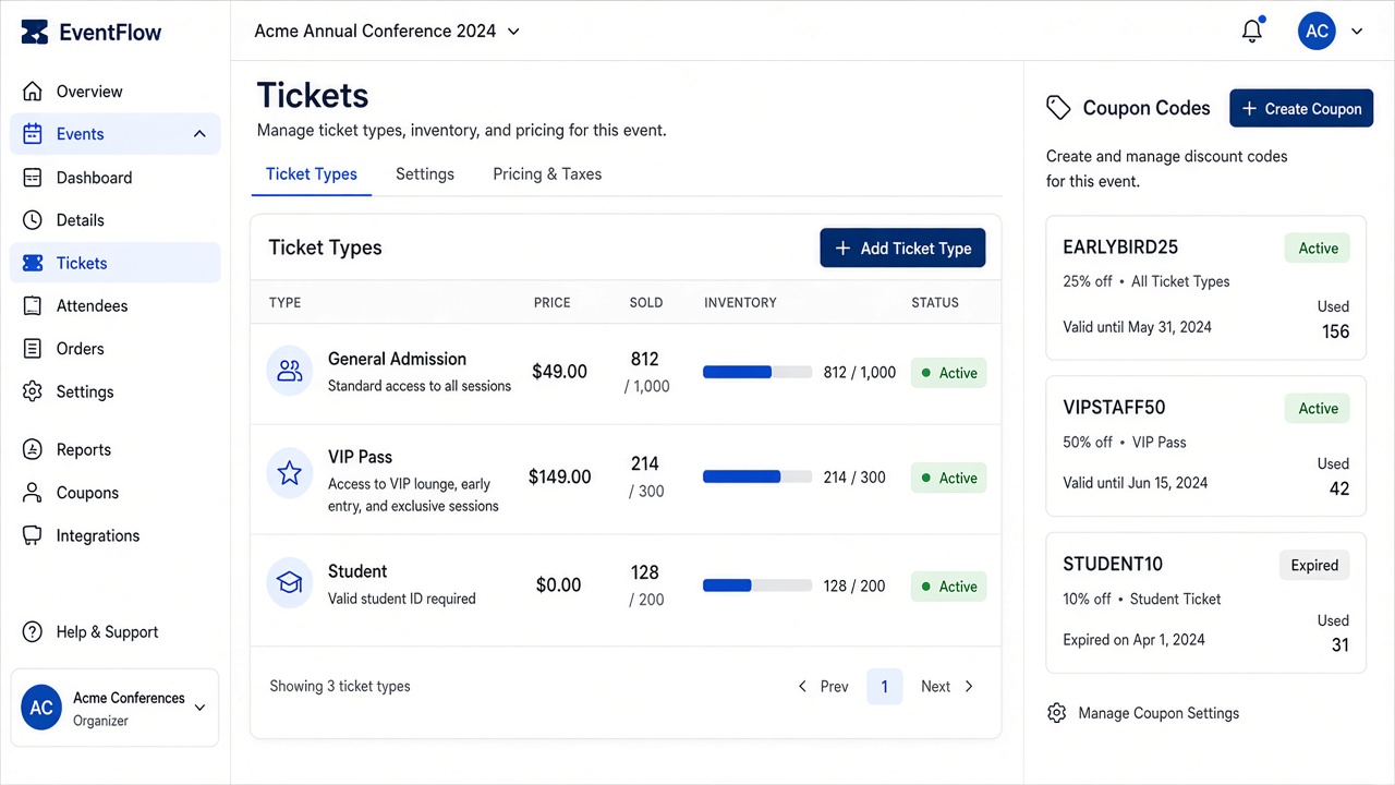 EventOS ticket types and inventory